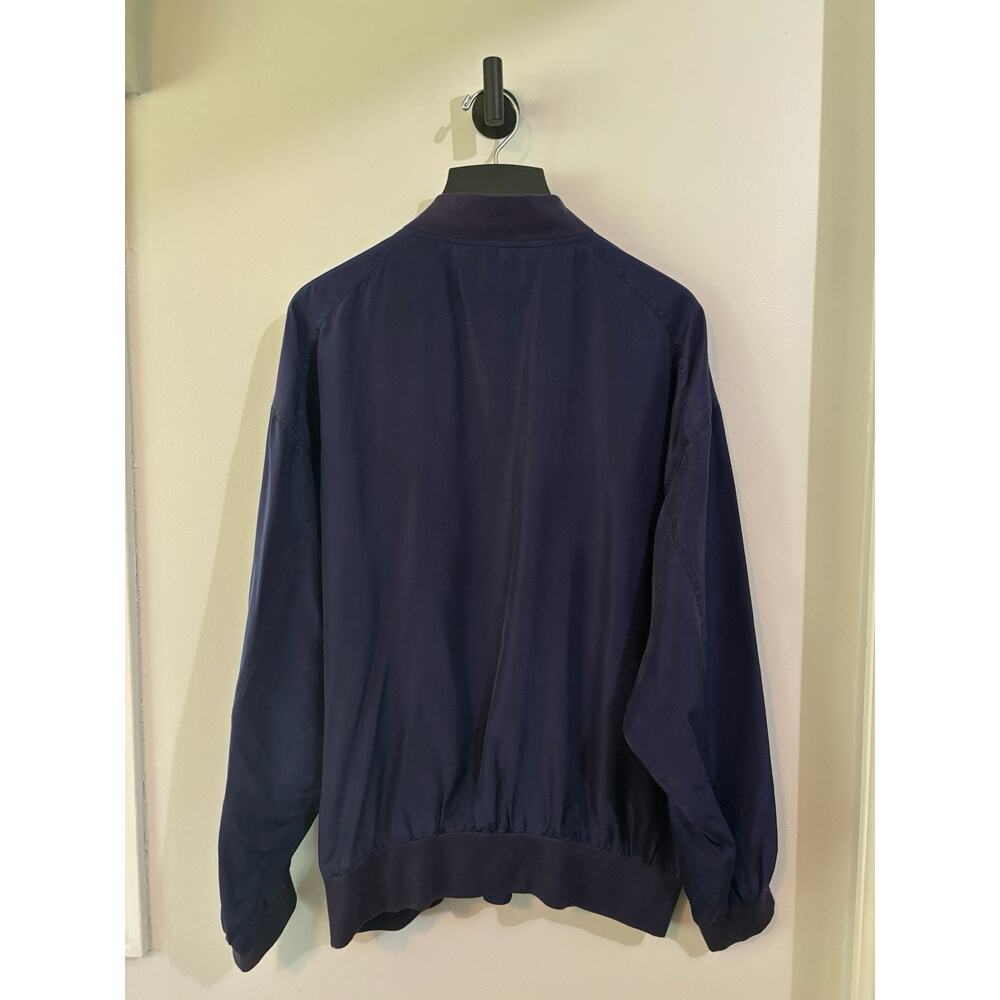 VTG Men's Navy 100% Silk Bomber Jacket Roomy Soft Sleek Luxury Old Money Sz L - Picture 2 of 6